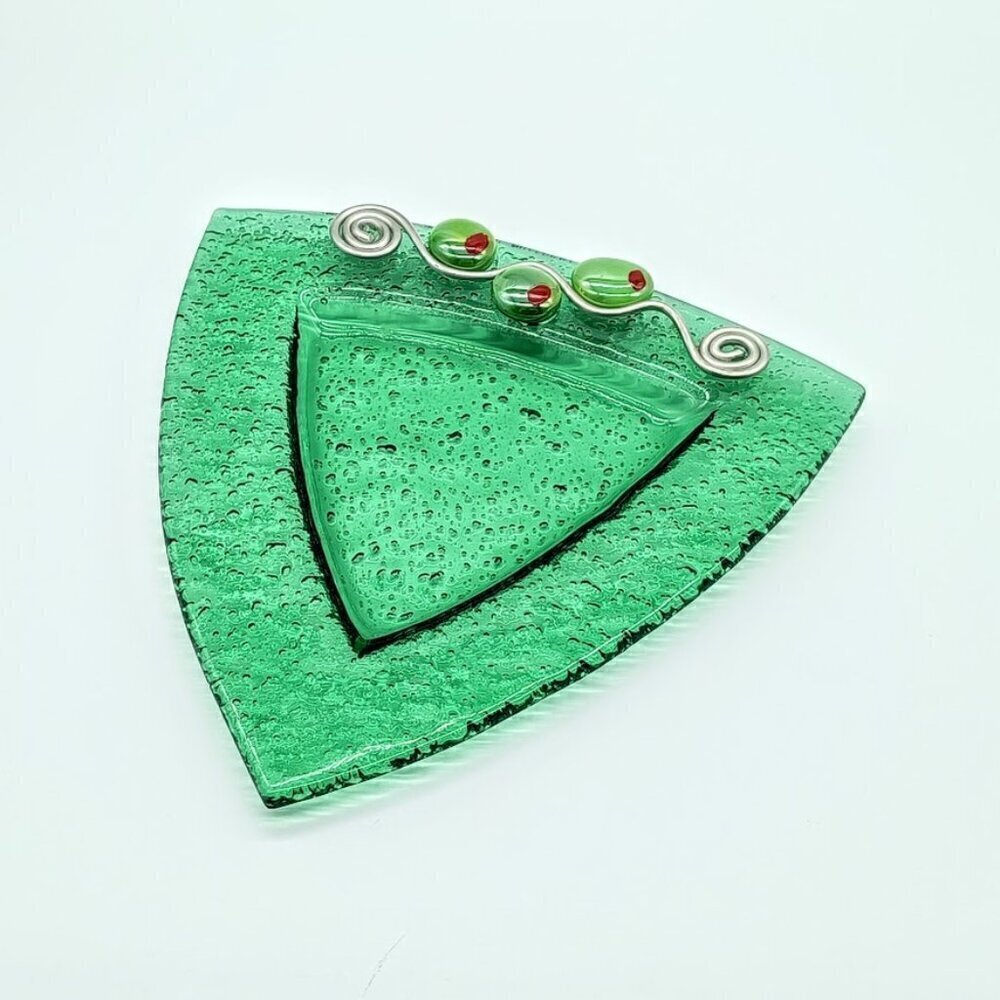 Green Triangle Beaded Olives Glass Dish